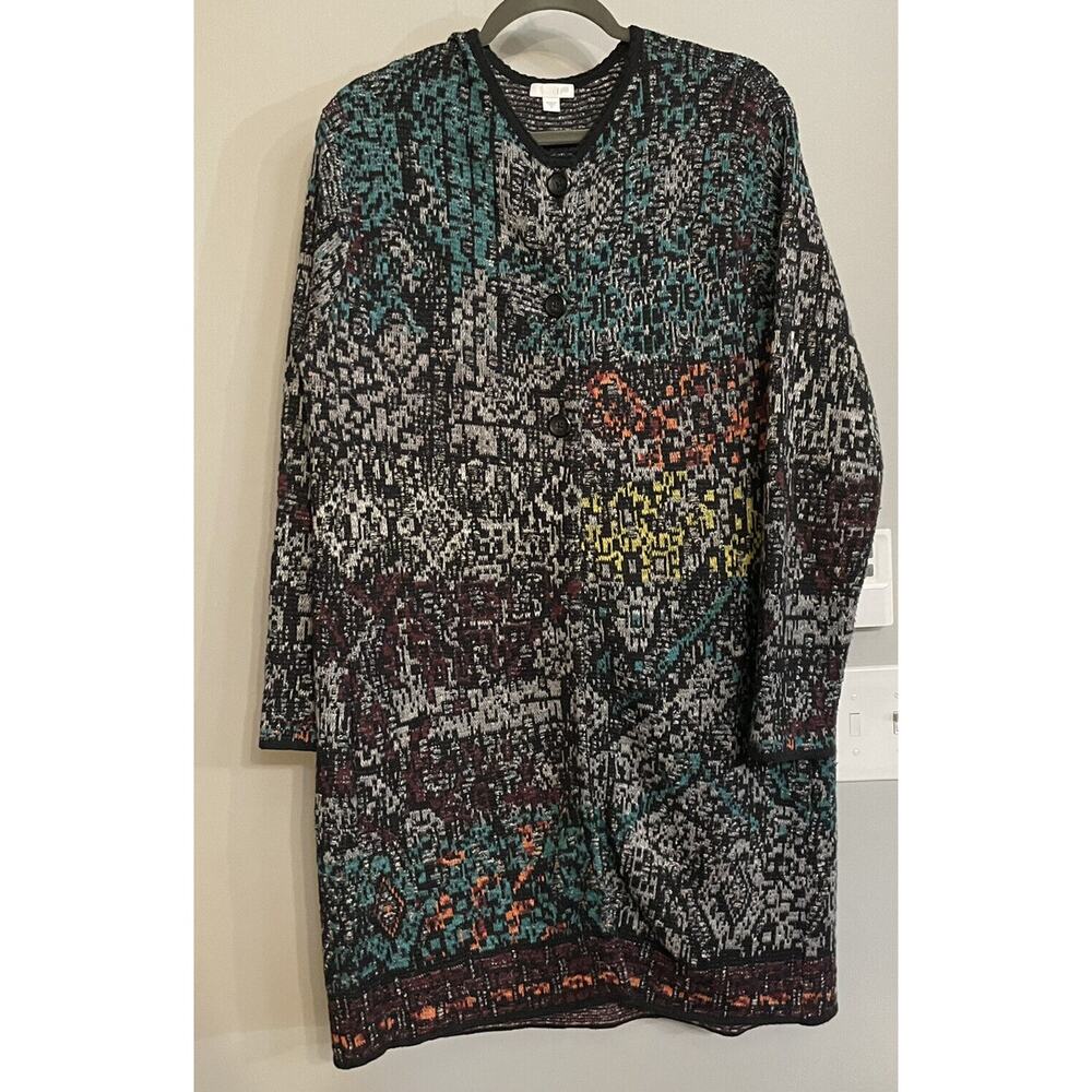 J. Jill Cardigan Rainbow‎ Long Duster Cotton Wool Blend Knit 3 Button Medium EUC